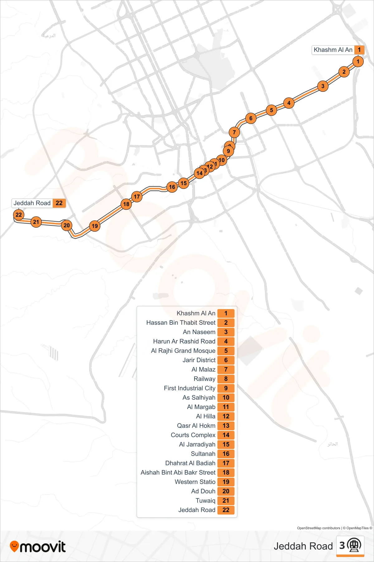 3 subway Line (Jeddah Road) route and stops on a map