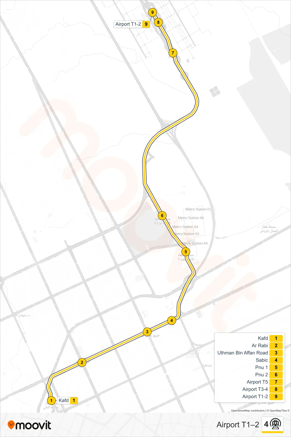 4 subway Line (Airport T1–2) route and stops on a map