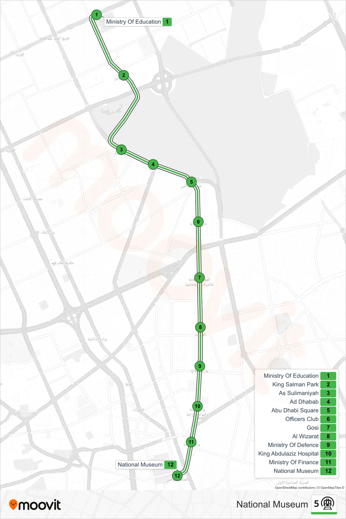 5 subway Line (National Museum) route and stops on a map