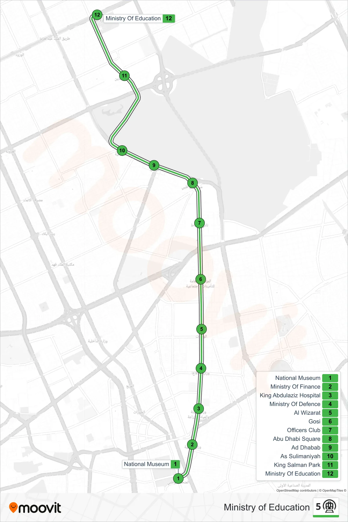 5 subway Line (Ministry of Education) route and stops on a map