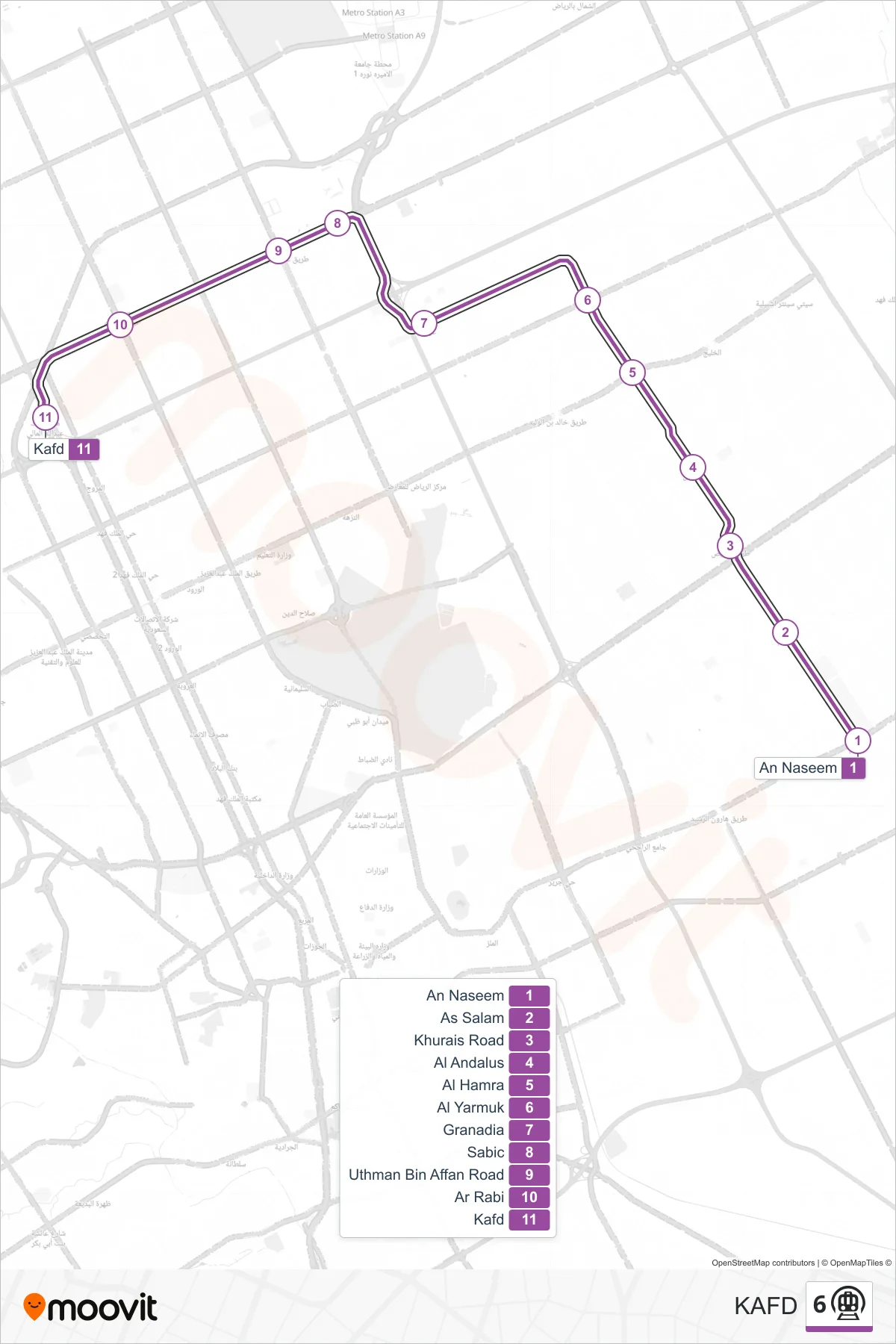 6 subway Line (KAFD) route and stops on a map