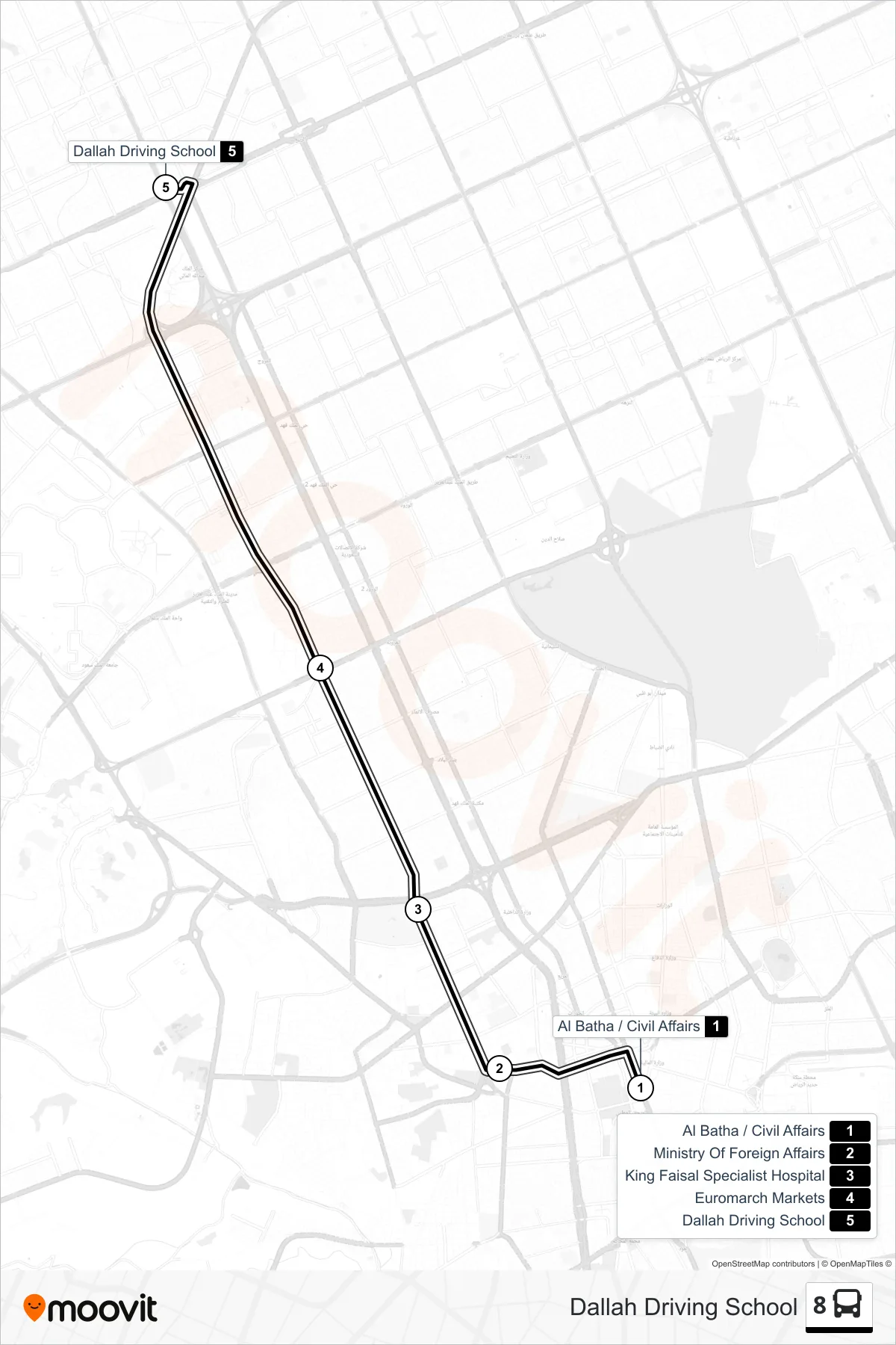8 bus Line (Dallah Driving School) route and stops on a map