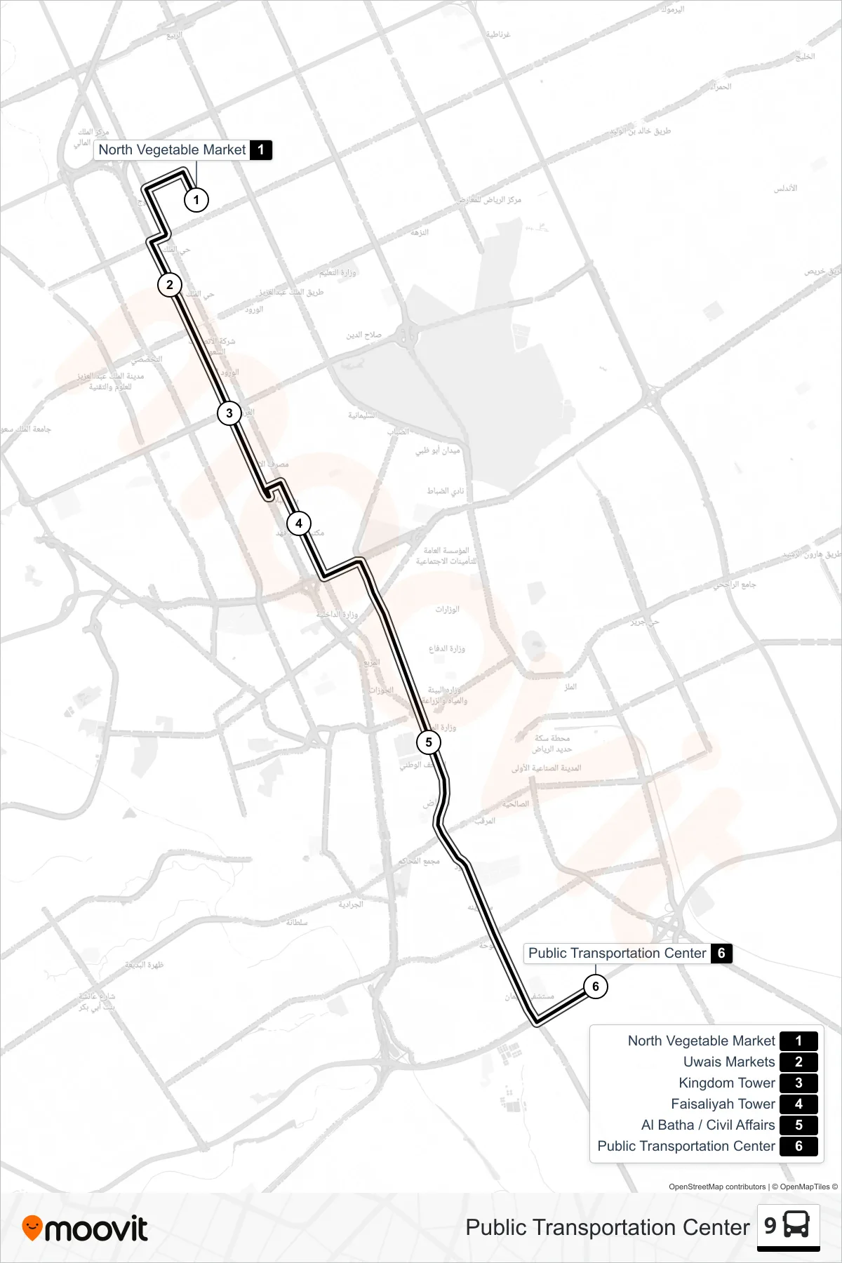 9 bus Line (Public Transportation Center) route and stops on a map