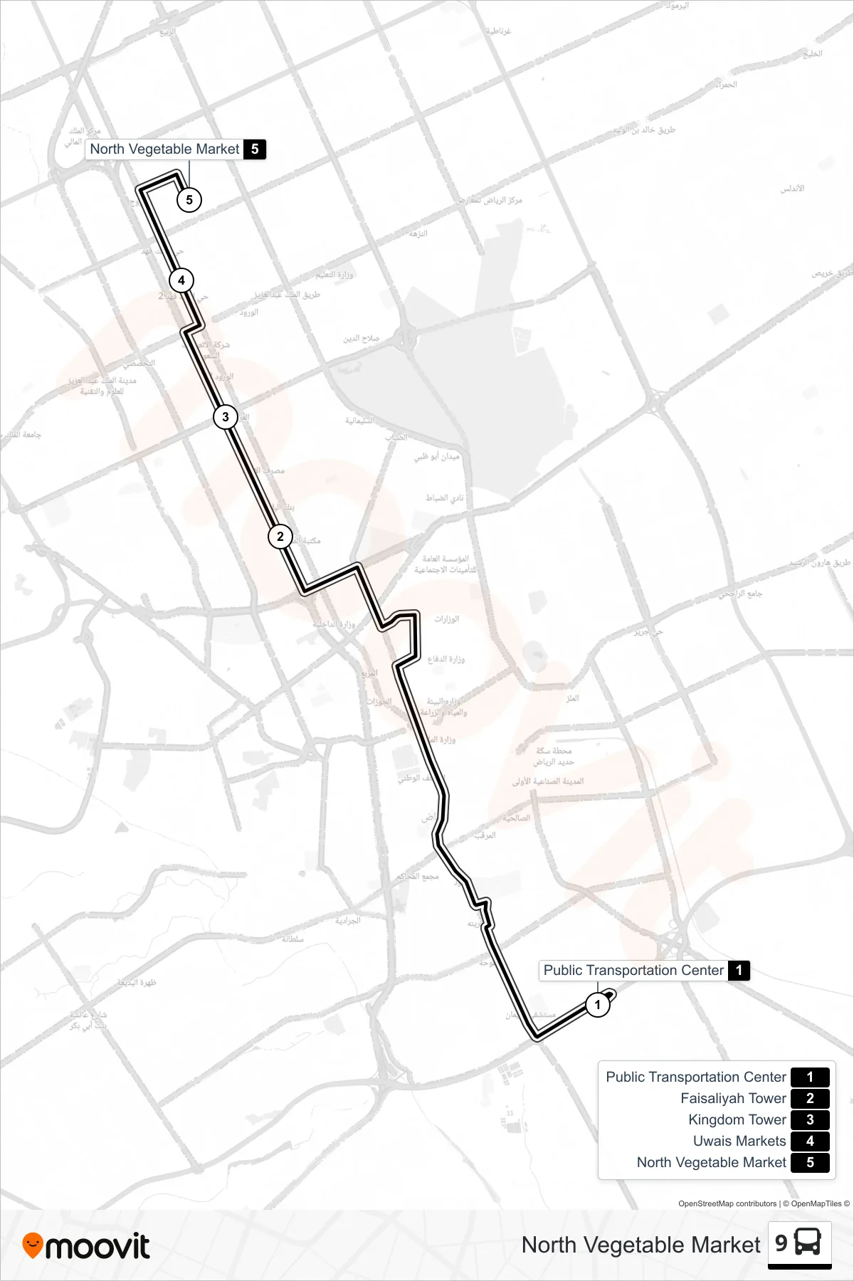 9 bus Line (North Vegetable Market) route and stops on a map