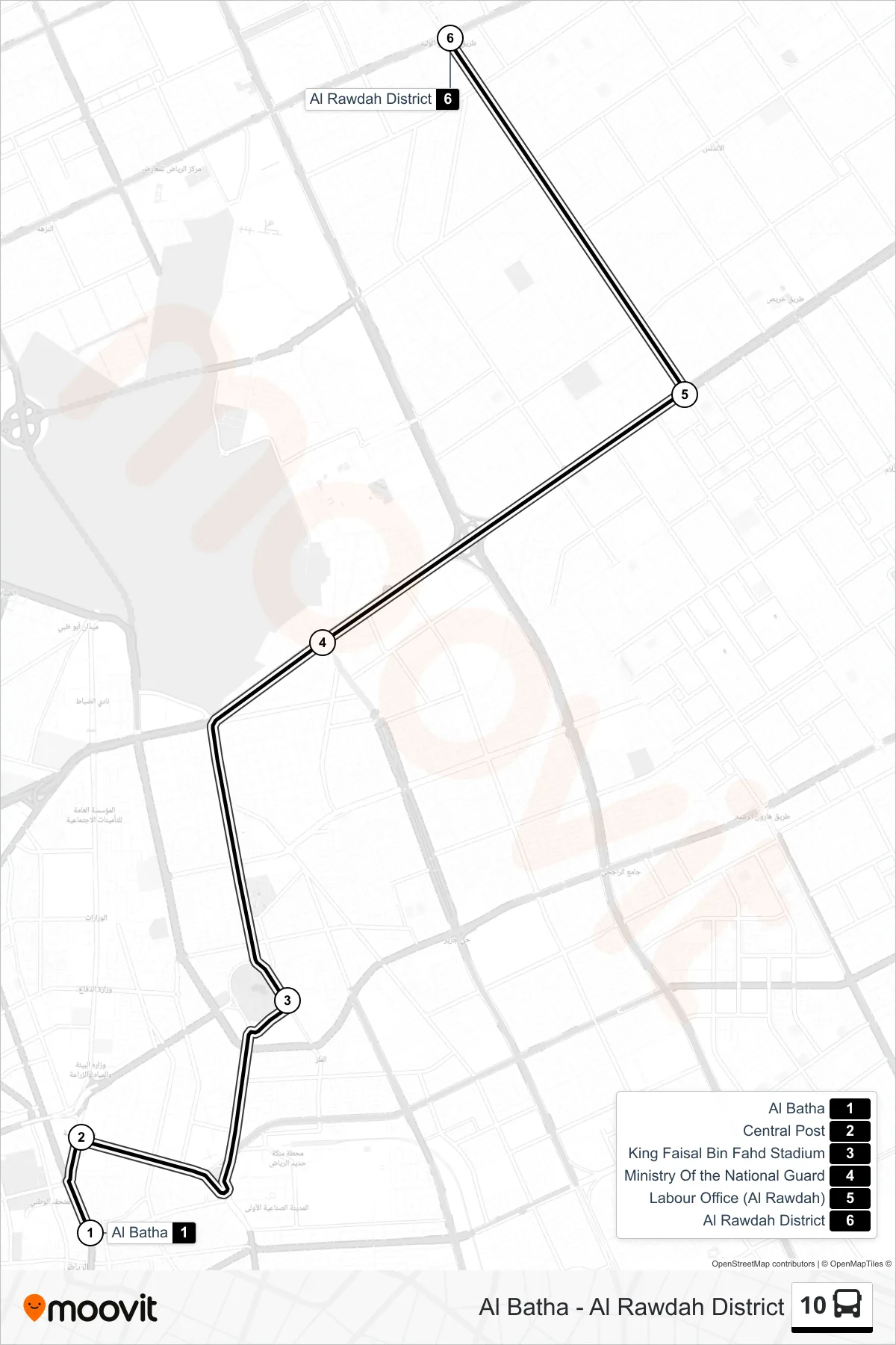 10 bus Line (Al Rawdah District) route and stops on a map