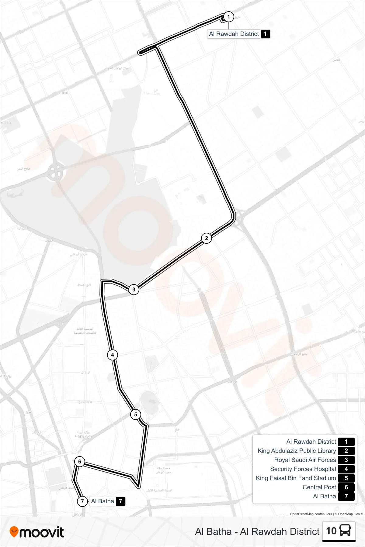 10 bus Line (Al Batha) route and stops on a map
