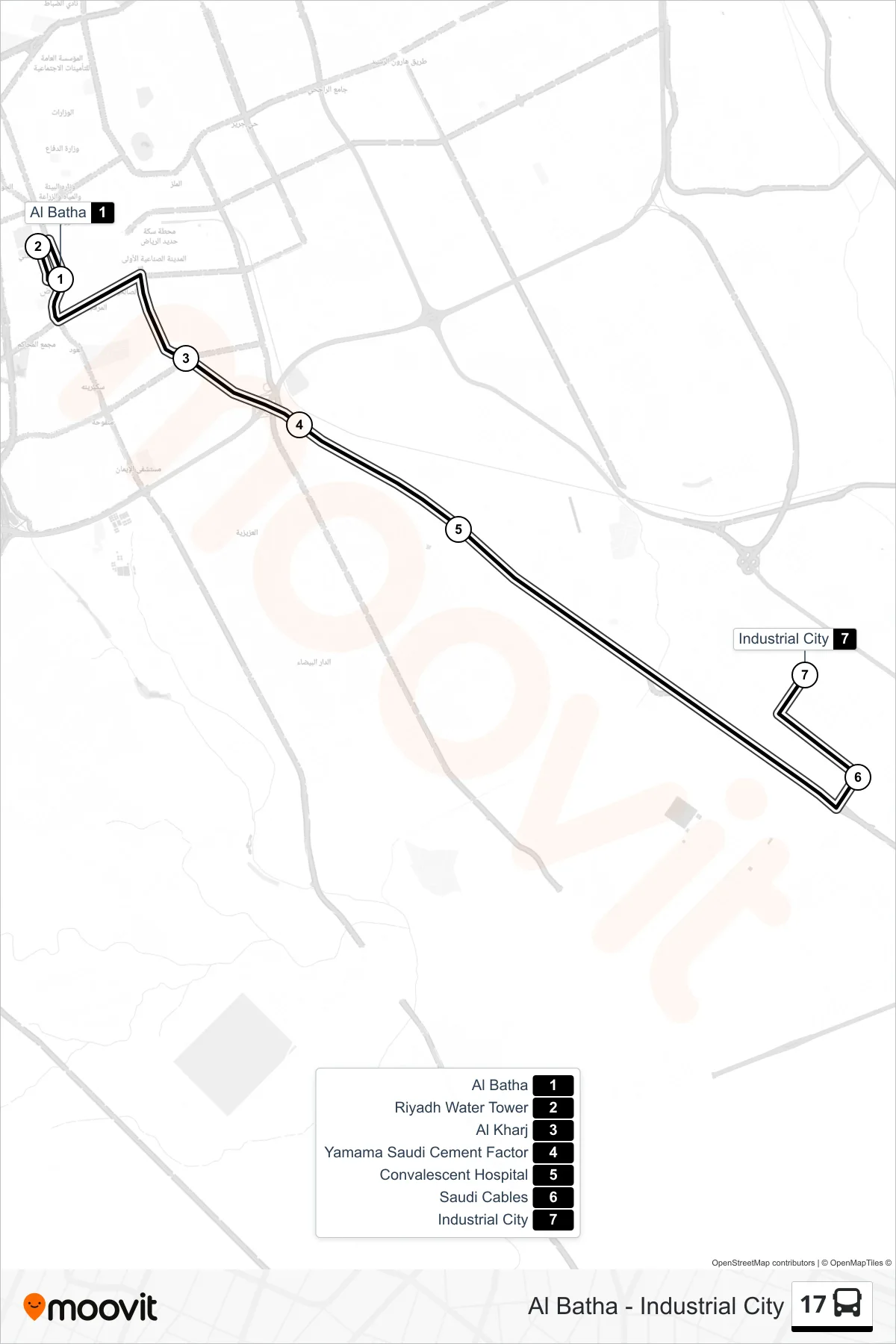 17 bus Line (Industrial City) route and stops on a map