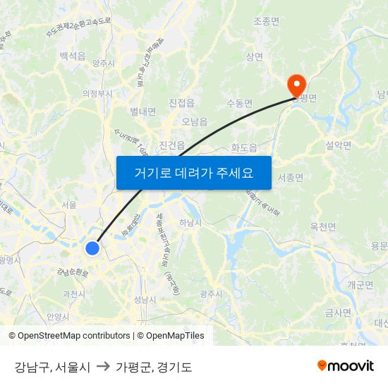 강남구, 서울시 to 가평군, 경기도 map