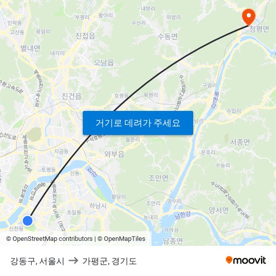 강동구, 서울시 to 가평군, 경기도 map