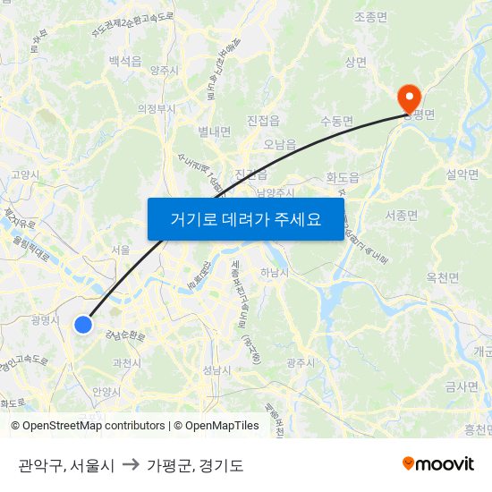 관악구, 서울시 to 가평군, 경기도 map