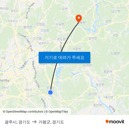 광주시, 경기도 to 가평군, 경기도 map