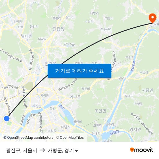 광진구, 서울시 to 가평군, 경기도 map