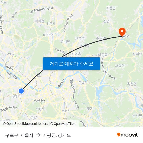 구로구, 서울시 to 가평군, 경기도 map