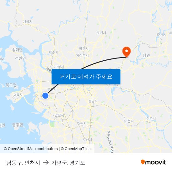 남동구, 인천시 to 가평군, 경기도 map