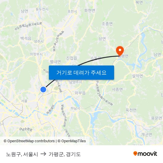 노원구, 서울시 to 가평군, 경기도 map