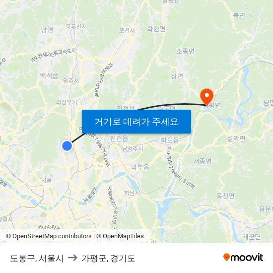 도봉구, 서울시 to 가평군, 경기도 map