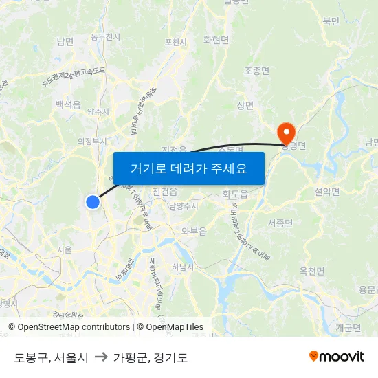 도봉구, 서울시 to 가평군, 경기도 map
