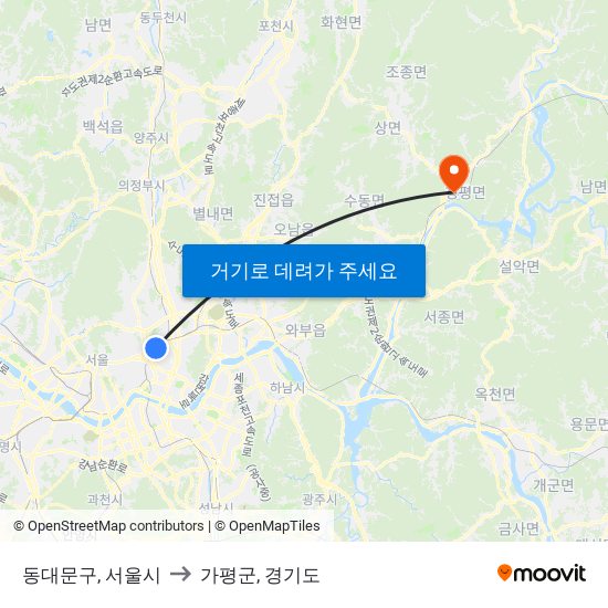 동대문구, 서울시 to 가평군, 경기도 map