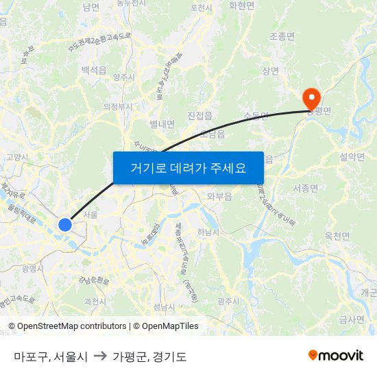 마포구, 서울시 to 가평군, 경기도 map