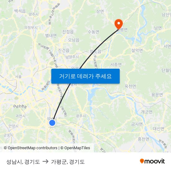 성남시, 경기도 to 가평군, 경기도 map