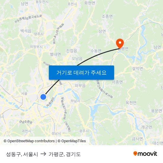 성동구, 서울시 to 가평군, 경기도 map