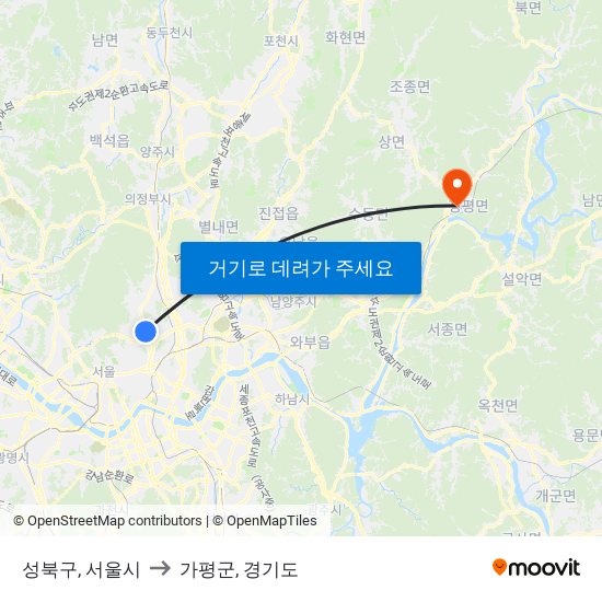 성북구, 서울시 to 가평군, 경기도 map