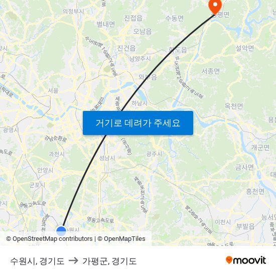 수원시, 경기도 to 가평군, 경기도 map