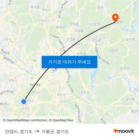 안양시, 경기도 to 가평군, 경기도 map