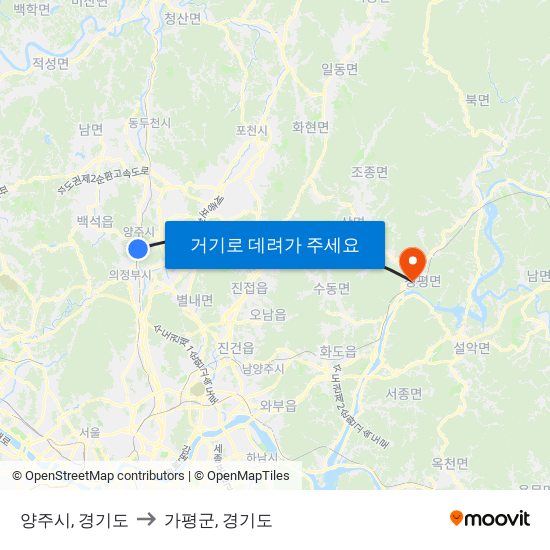 양주시, 경기도 to 가평군, 경기도 map