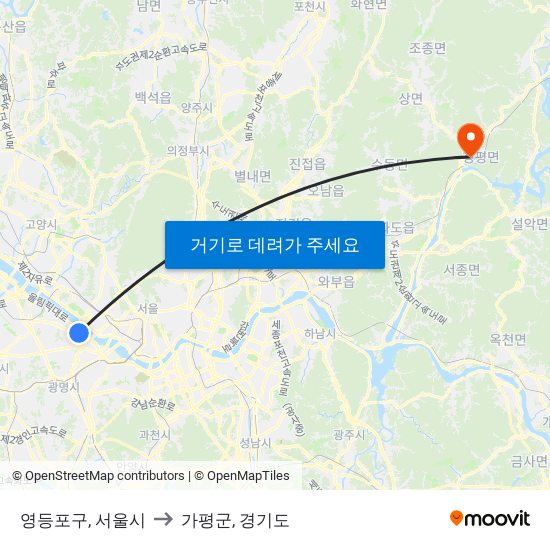 영등포구, 서울시 to 가평군, 경기도 map