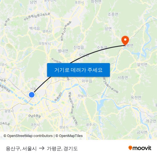 용산구, 서울시 to 가평군, 경기도 map