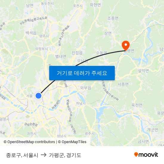 종로구, 서울시 to 가평군, 경기도 map