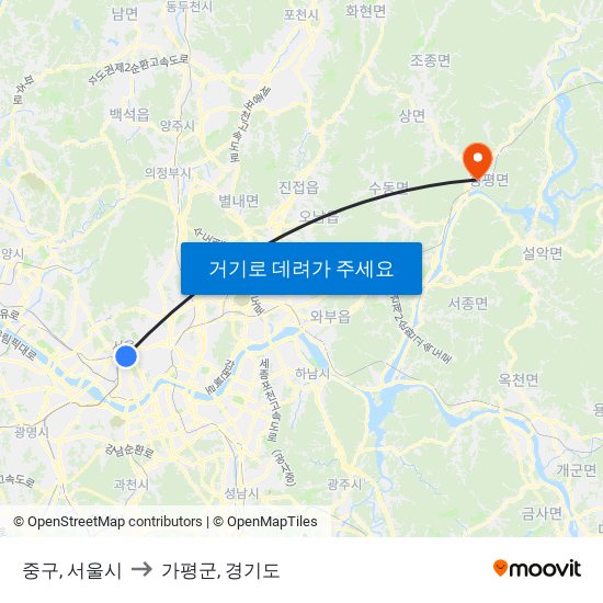 중구, 서울시 to 가평군, 경기도 map