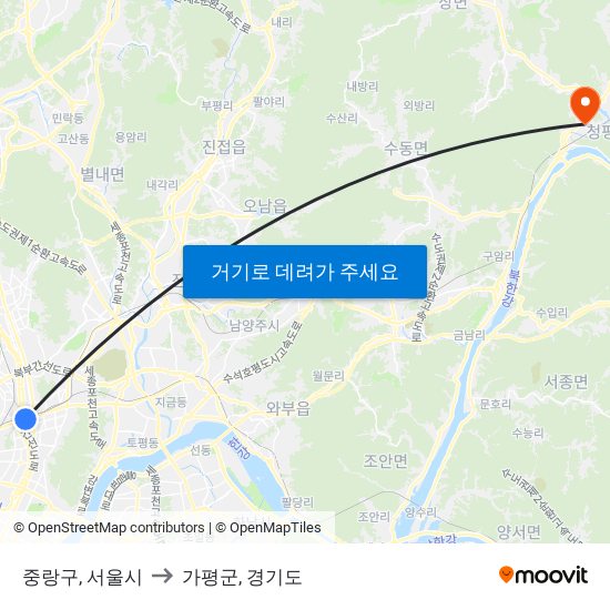 중랑구, 서울시 to 가평군, 경기도 map