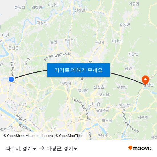 파주시, 경기도 to 가평군, 경기도 map