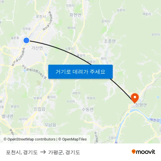 포천시, 경기도 to 가평군, 경기도 map
