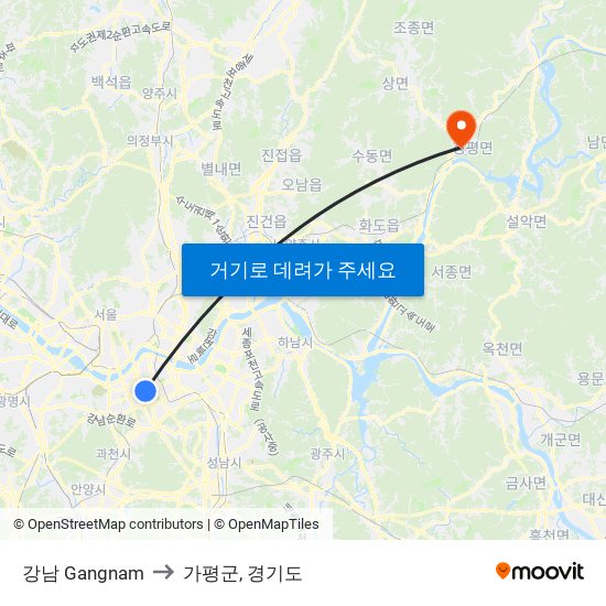 강남 Gangnam to 가평군, 경기도 map