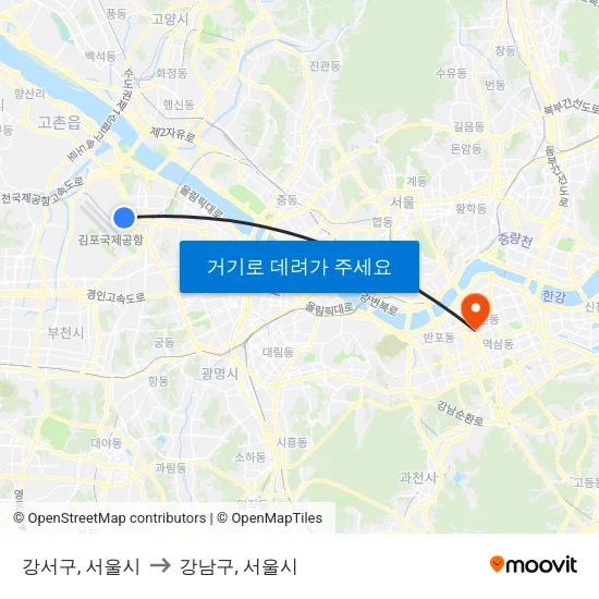 강서구, 서울시 to 강남구, 서울시 map