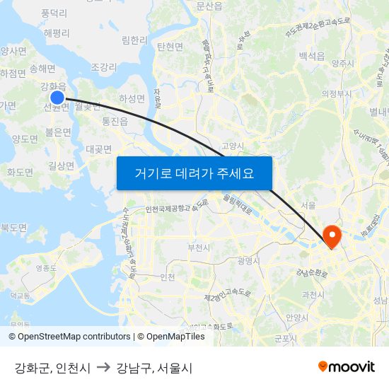 강화군, 인천시 to 강남구, 서울시 map