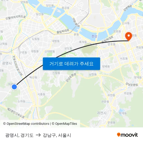 광명시, 경기도 to 강남구, 서울시 map