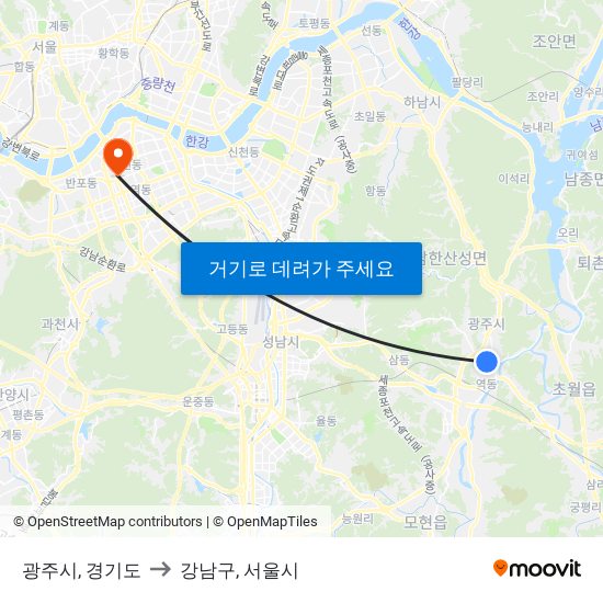 광주시, 경기도 to 강남구, 서울시 map