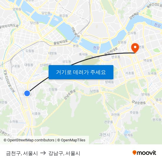 금천구, 서울시 to 강남구, 서울시 map
