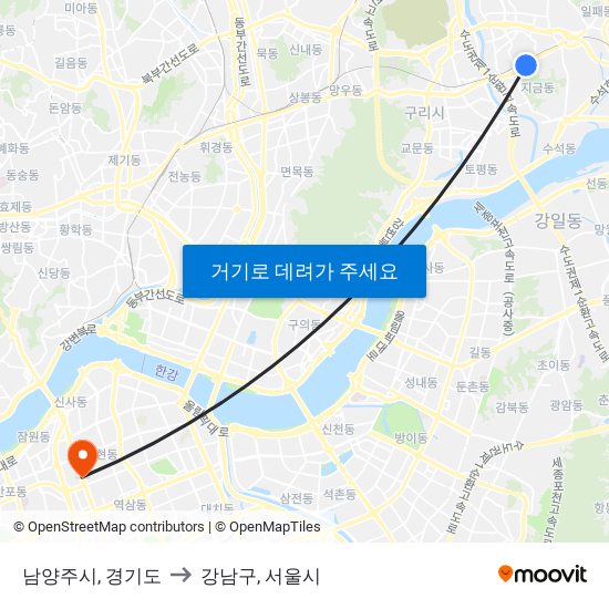 남양주시, 경기도 to 강남구, 서울시 map