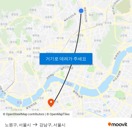 노원구, 서울시 to 강남구, 서울시 map