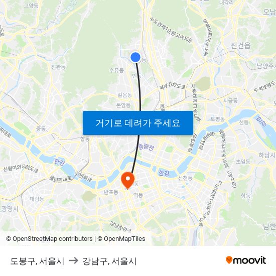 도봉구, 서울시 to 강남구, 서울시 map