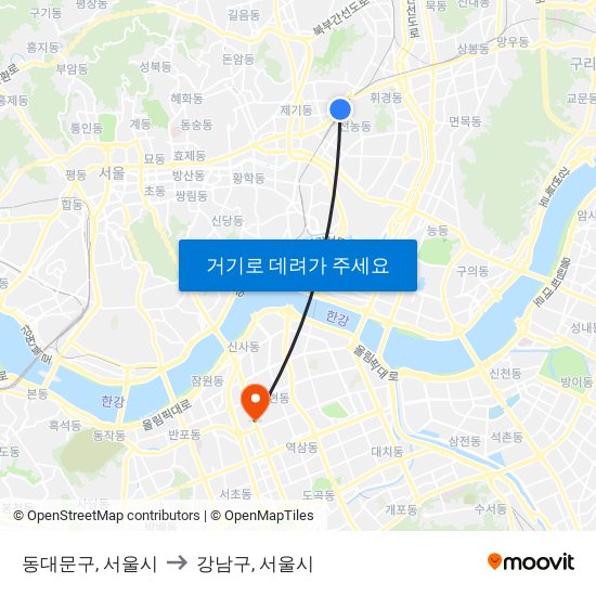 동대문구, 서울시 to 강남구, 서울시 map