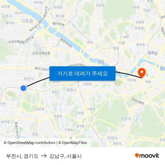 부천시, 경기도 to 강남구, 서울시 map