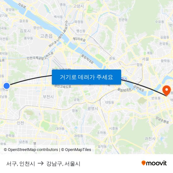 서구, 인천시 to 강남구, 서울시 map