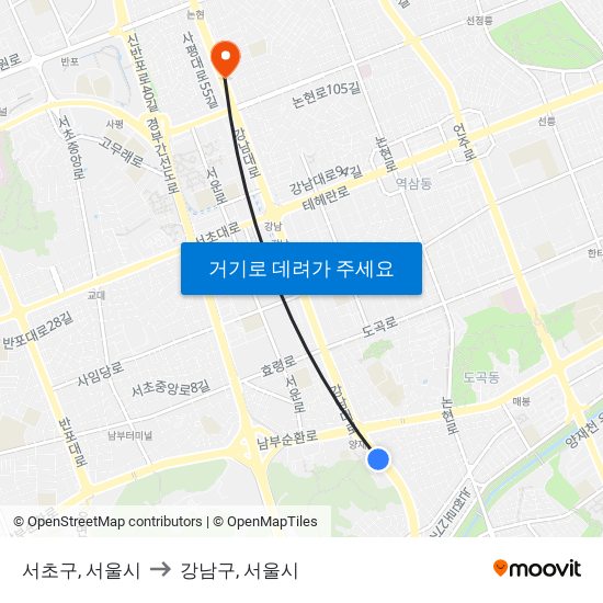 서초구, 서울시 to 강남구, 서울시 map