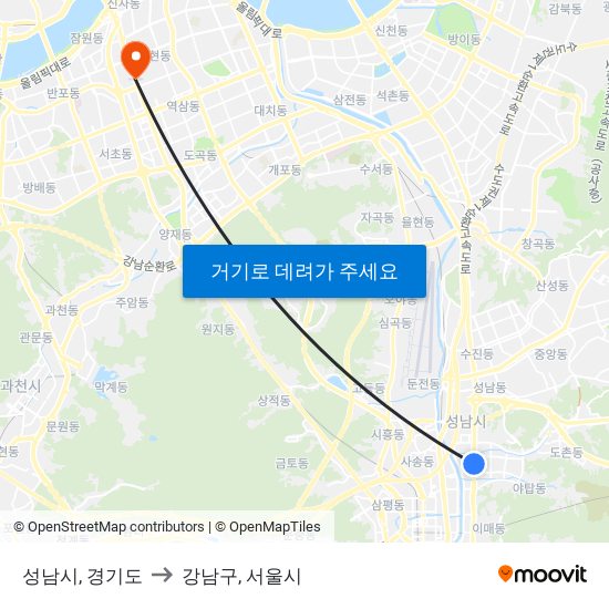 성남시, 경기도 to 강남구, 서울시 map